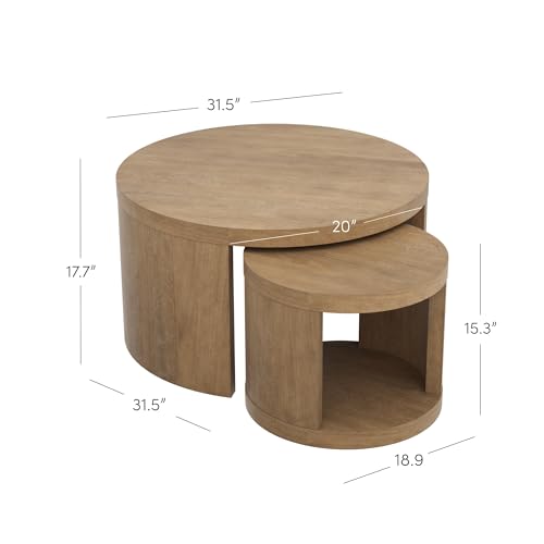 Nathan James Uchu Mid Century Modern 2-Piece Nesting Coffee Table, Round Wood Coffee Table with Storage, Light Brown