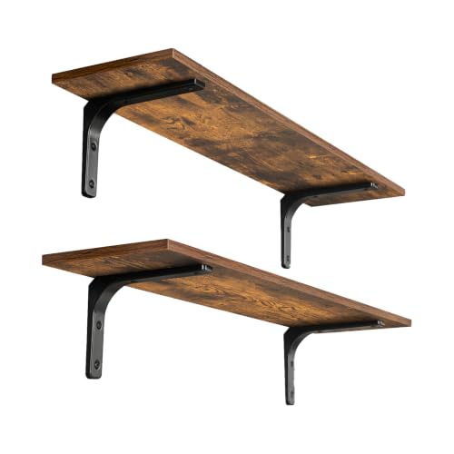Long Wall Shelves, 23.6Inch Wooden Wall Mounted Shelves, Set of 2 | Floating Book Shelf, Easy Assembly Metal Bracket, Max Load 22lbs, Wall Storage Ledges, Bedroom/Bathroom/Kitchen, Rustic Brown - color: Rustic Brown, size: 23.6 Inch