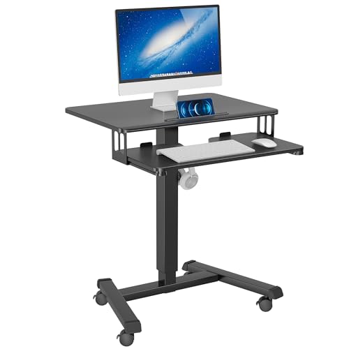 BONTEC Mobile Standing Desk with Keyboard Tray, Mobile Podium on Wheels | Rolling Laptop Sit Stand Desk, Adjustable Height Desk Up to 33lbs, Portable Computer Workstation Cart for Living Room, Office - color: Black