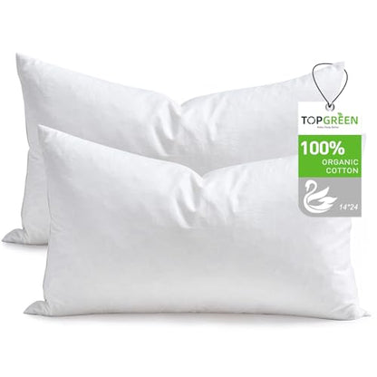 TOPGREEN Ogranic Feather Down Lumbar Pillow Insert 14x24, Pack of 2, White | 100% Organic and Double-Layer Down-Proof Cotton Cover, Ethical-Sourced Feather Down Filling, Soft Yet Supportive - size: 14x24 Inch