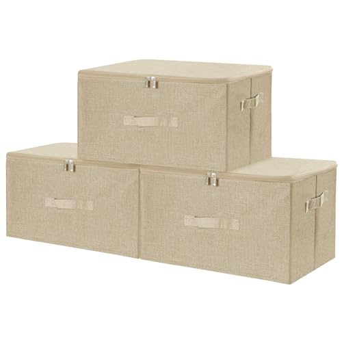 ANMINY Fabric Storage Bins with Zipper Lids, 18"x14"x10", Beige, 3 PCS | 43.6Qt Cotton Linen Storage Box, PP Board Frame, Washable Collapsible, with Handles & 3-side Open Lid, Stackable, Large - color: Beige, size: Large (Pack of 3)