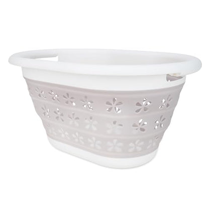 Camco Collapsible Laundry Basket, Small, Taupe/White - Pop Open Waterproof Plastic Bin with Handles for Home, Dorm, RV Storage - size: 10 inches tall expanded