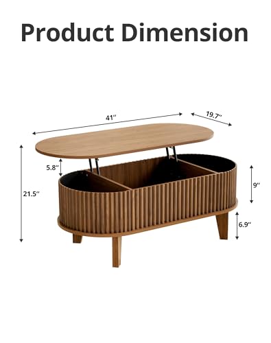 Oval Lift Top Coffee Table with Storage, 41" Wood Fluted Modern Living Room Center Table for Home Office, Walnut - color: Walnut