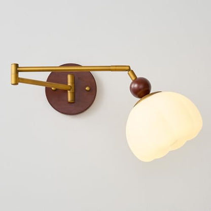 Swing Arm Wall Sconce, Hardwired Mid Century Modern Adjustable Sconce with Gold Metal Swing and Flower Shade, Retro Farmhouse Wall Mount Light for Bedroom Bedside Reading Living Room Hallway