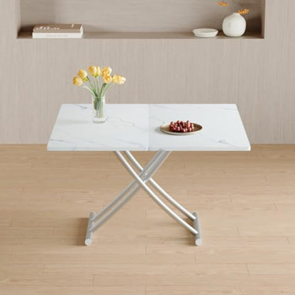 Liftable Folding Dining Table for 4, Adjustable Drop Leaf Table, Folding Coffee Table for Small Spaces, Scratch-Resistant Wood Top with Metal Frame for Apartment Kitchen Living Room - color: White-silver