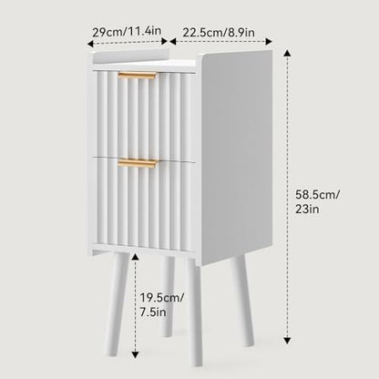 IBUYKE Narrow Nightstand,Slim Bedside Table with 2 Drawer,White UWNS015W | Space Saving,Skinny Bedside Table for Small Spaces,Wood Side End Tables for Bedroom Living Room