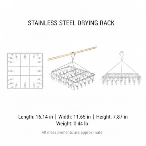 17.72 x 11.65 Inch Stainless Steel Drying Rack with Clips, Compact Laundry Organizer for Balcony or Kitchen Sink