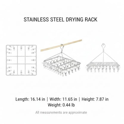17.72 x 11.65 Inch Stainless Steel Drying Rack with Clips, Compact Laundry Organizer for Balcony or Kitchen Sink