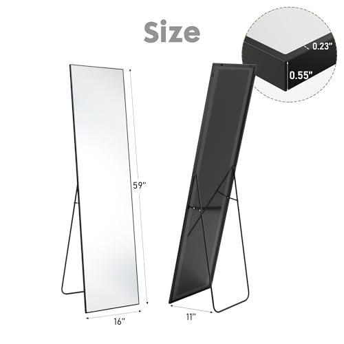 DUMOS 16"x59" Full Length Mirror with Stand, Full Body Floor Mirror | Free Standing or Wall Mount, Nano Glass Aluminum Frame, Hanging or Leaning, Modern Simple Home Decor, Black - color: Black-rect Edge, size: 59"L x 16"W