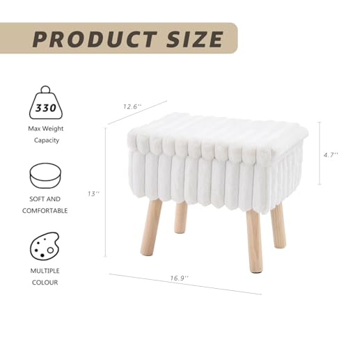 Wimarsbon Storage Ottoman,Soft Faux Fur Footstool with Padded Seat, Small Reading Vanity Chair, Footrest with Wood Tray for Couch, Mini Coffee Table or Display Stand (Cream)