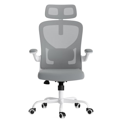 Office Desk Chair Computer High Back Mesh Gaming Seat with Ergonomic Adjustable Comfy Flip-up Armrests Lumbar Support Height for Home Office (Gray) - color: Grey