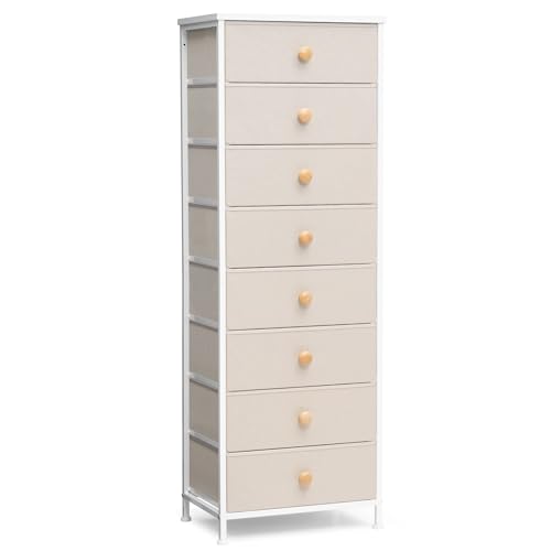 Fabric Dresser for Bedroom, 8 Drawer Tall Vertical Skinny Tower (Beige) | Wooden Top, Steel Frame, Easy Pull Bin,Organizer Unit for Living Room, Hallway, Entryway, Nursery, Closets - color: Beige, style: Narrow-8 Drawers