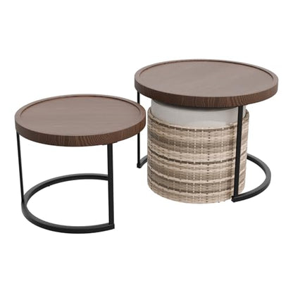 Cabana Chic Nesting Tables with Ottomans, Outdoor Round Side Table, Nesting Coffee Table Set, 2 Tables 1 Ottoman, Brown/Beige - color: Brown/Beige