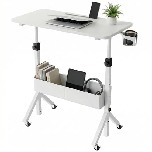HUANUO Mobile Standing Desk with Wheels and Storage Basket, Height Adjustable 28.7"-46.1" Rolling Desk for Walking Pad, Small Space Laptop Computer Workstation for Home Office,White - color: White
