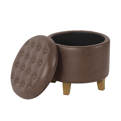 HomePop 19" Faux Leather Button Tufted Round Storage Ottoman - Brown - color: Brown Faux Leather