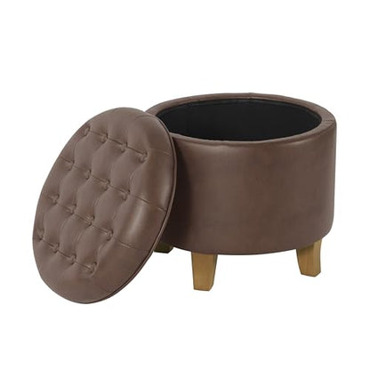 HomePop 19" Faux Leather Button Tufted Round Storage Ottoman - Brown - color: Brown Faux Leather