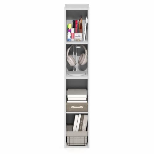 Pemberly Row 4-Tier Slim Narrow Bookcase, 41.6 in Tall Engineered Wood, White Finish, Contemporary Style, Compact Storage Shelves for Books, Living Room, Bedroom, Dorm or Home Office