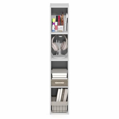 Pemberly Row 4-Tier Slim Narrow Bookcase, 41.6 in Tall Engineered Wood, White Finish, Contemporary Style, Compact Storage Shelves for Books, Living Room, Bedroom, Dorm or Home Office