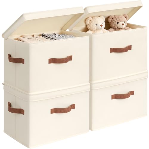 CHICVITA 4-Pack Medium Fabric Storage Baskets with Lids for Shelves,Ivory | 15" x 9.8" x 10.2" Closet Storage Bins with Durable Support Plate, Toy Storage with Handles for Playroom - color: Ivory, size: 20L (15"L x 9.8"W x 10.2"H)