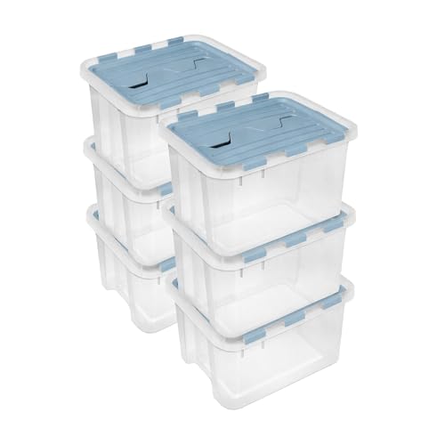 SteriliteHinged Lid Storage Box Plastic Container, 60 Quart, 6 Pack | Washed Blue - Home Organizer Tote for Storing Shoes, Crafts, Clothing, or Decor - size: 60 Quart