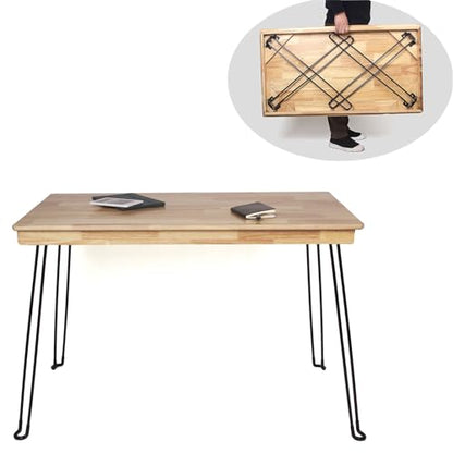 Solid Oak Folding Desk 43 Inch No Assembly Portable Table | Foldable steel legs ，Natural Wood Grain Finish，Lightweight for Easy Moving， for Home Office Writing Reading