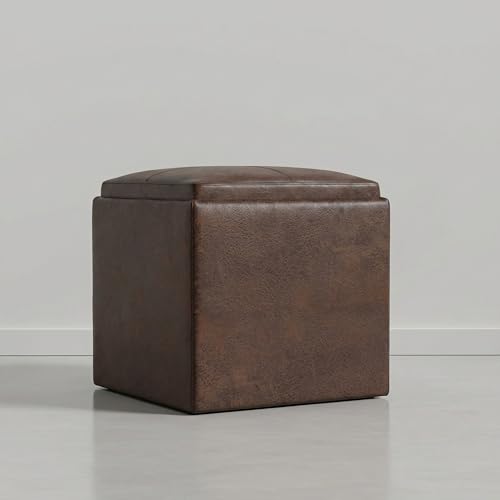 SIMPLIHOME Rockwood Cube Storage Ottoman with Tray - 17 inch Wide Upholstered Vegan Leather Square Storage Ottoman in Aged Brown, Contemporary Cube Ottoman for Living Room with Serving Tray - color: Aged Brown