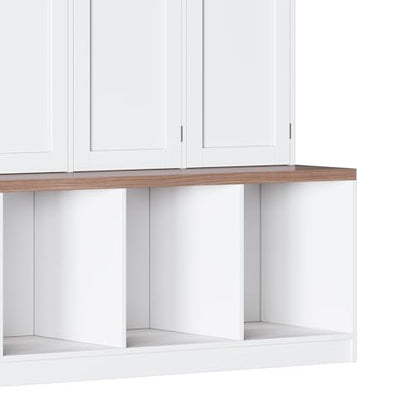 Hall Tree with Entryway Bench and Shoe Cabinet, Multi-Functional Seating Bench with 4 Hanging Hooks and 8 Doors, White - color: White