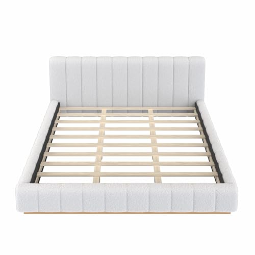 Majnesvon King Size Upholstered Bed Frame, Soft Boucle Bed Frame with Headboard, Low Profile White Platform Bed with Wood Base - size: King (U.S. Standard)