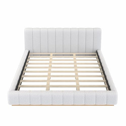 Majnesvon King Size Upholstered Bed Frame, Soft Boucle Bed Frame with Headboard, Low Profile White Platform Bed with Wood Base - size: King (U.S. Standard)