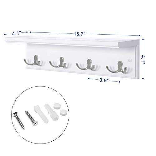 SONGMICS Entryway Hanging Coat Rack, Wall-Mounted Wooden Shelf, with 4 Double Hooks, Wall Floating Shelf, White ULHR42WT