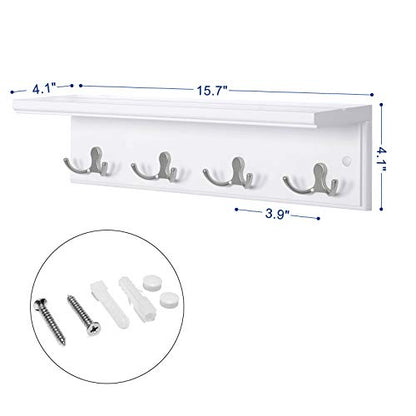 SONGMICS Entryway Hanging Coat Rack, Wall-Mounted Wooden Shelf, with 4 Double Hooks, Wall Floating Shelf, White ULHR42WT