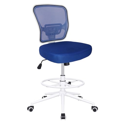 Armless Drafting Chair Tall Office Chair for Standing Desk - Adjustable Height Mesh Ergonomic Stool with Foot Ring, Rolling Counter Height Computer Chair for Small Spaces & Home Office - color: Klein Blue