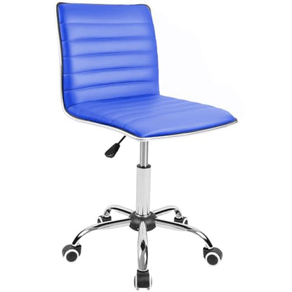 JUMMICO Armless Vanity Office Chair with Wheels, Small Cute Makeup Desk Chair Ribbed Leather Swivel Computer Task Chair (Blue) - color: Blue