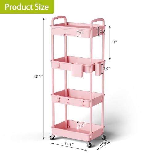 Sorgion 4 Tier Rolling Cart Organizer,Art Craft Diaper Bedside Snack Laundry Room Bathroom Organizer Narrow Thin Slim Rolling Trolley Utility Cart with Wheels for Kitchen,Office(Pink) - size: 4Tier-Pink