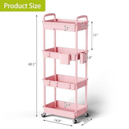 Sorgion 4 Tier Rolling Cart Organizer,Art Craft Diaper Bedside Snack Laundry Room Bathroom Organizer Narrow Thin Slim Rolling Trolley Utility Cart with Wheels for Kitchen,Office(Pink) - size: 4Tier-Pink