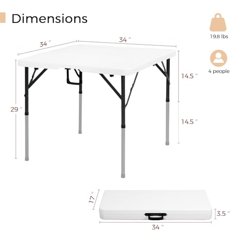 pollilar 34" Folding Card Table Square Portable with Detachable Legs White | Foldable Table Plastic Dual Height Adjustable Heavy Duty Indoor Outdoor Dining Game Camping Picnic Mahjong Tables - color: White