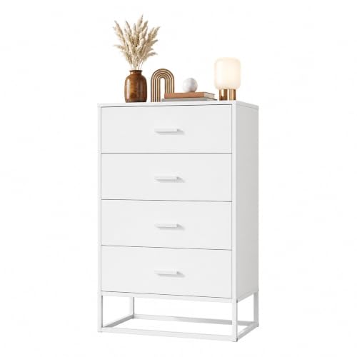 White Dresser for Bedroom with 4 Drawers, Tall Wooden Chest of Drawers with Sturdy Metal Frame, Small Storage Organizer Cabinet for Closet, Hallway, Living Room - color: Whte