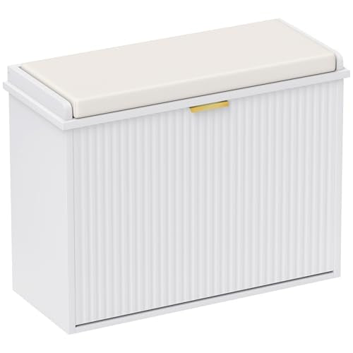 HOMCOM Narrow Shoe Bench with Padded Cushion 24.4x10.2x18.7 Inches White | Shoe Storage Cabinet, Flip-Drawer, Adjustable Shelf, Small Entryway Bench, Holds up to 265lb - color: White, size: 24.4" x 10.2" x 18.7"