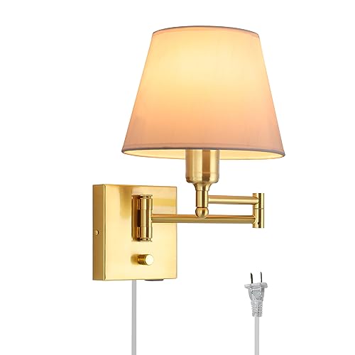 Bedside Wall Mount Light with Dimmable Switch, Swing Arm Fabric Shade Wall Sconce Light with USB Port and Plug in Cord, Gold Wall Lamp for Bedroom, Living Room and Hotel - color: Gold