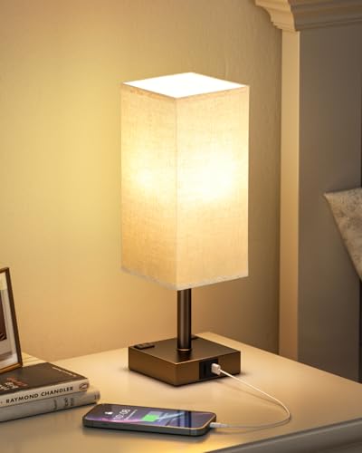 Brown Touch Table Lamp for Bedroom - Dimmable, USB C+A, 2 AC Outlets | 3-Way Dimming, 3000K Bulb Included, Square Brown Lampshade and Black Base, Desk Lamp for Nightstand, Living Room, Dorm - color: Beige & Brown, size: 14.0in