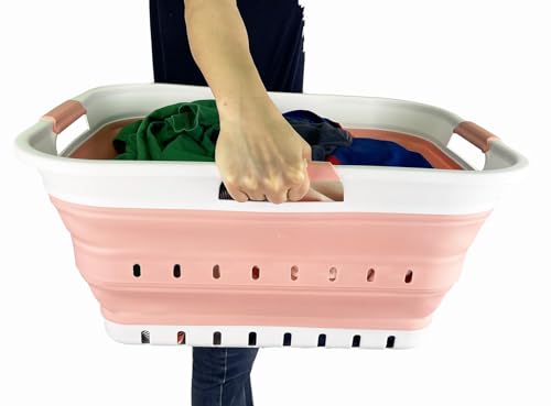 SAMMART 42L (11 gallon) Collapsible Plastic Laundry Basket - Foldable Pop Up Storage Container/Organizer - Space Saving Hamper/Basket (1, White/Quartz Pink) - color: White/Quartz Pink