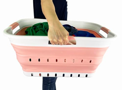 SAMMART 42L (11 gallon) Collapsible Plastic Laundry Basket - Foldable Pop Up Storage Container/Organizer - Space Saving Hamper/Basket (1, White/Quartz Pink) - color: White/Quartz Pink