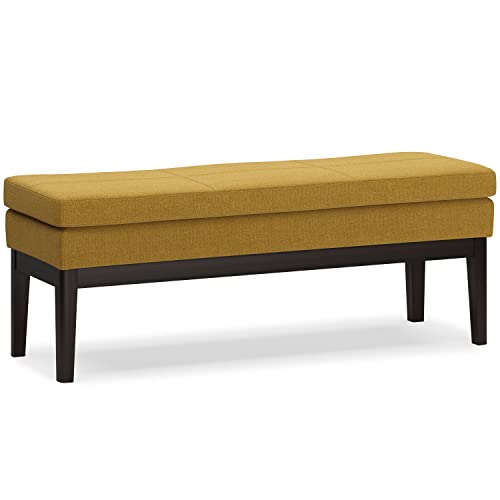 SIMPLIHOME Carlson 45" Wide Vegan Leather Rectangle Ottoman in Marigold | Mid-century modern ottoman bench with a padded seat; perfect footstool, footrest or pouf for bedroom or entryway. - color: Marigold, style: Ottoman Bench