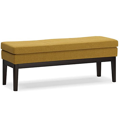 SIMPLIHOME Carlson 45" Wide Vegan Leather Rectangle Ottoman in Marigold | Mid-century modern ottoman bench with a padded seat; perfect footstool, footrest or pouf for bedroom or entryway. - color: Marigold, style: Ottoman Bench