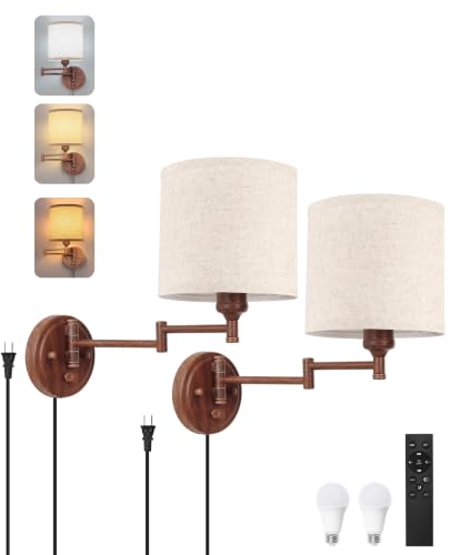 GOODATE Plug in Wall Sconces with Remote Control, Dimming & Adjustable Colors 2700K-6500K, Hardwire or Plug-in, Swing Arm Wall Lamp, Wall Sconces Set of Two, Linen Fabric Shade, Walnut Finish - color: Walnut & Linen
