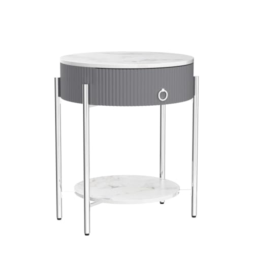 OIOG Nightstand with Drawer and Shelf, Marbling Natural Stone/Silver | Round Modern Side Table, Storage, Shelf, Chrome Finish Metal Legs, 2 Tier End Table, For Living Room, Bedroom, Office - color: Silver