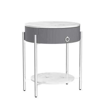 OIOG Nightstand with Drawer and Shelf, Marbling Natural Stone/Silver | Round Modern Side Table, Storage, Shelf, Chrome Finish Metal Legs, 2 Tier End Table, For Living Room, Bedroom, Office - color: Silver