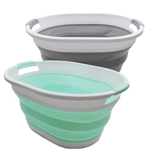 SAMMART 32L (8.4 Gallon) Collapsible Plastic Laundry Basket - Foldable Pop Up Storage Container/Organizer - Portable Washing Tub - Space Saving Hamper, Water Capacity: 24L (2, Grey+Light Green) - color: Grey+light Green