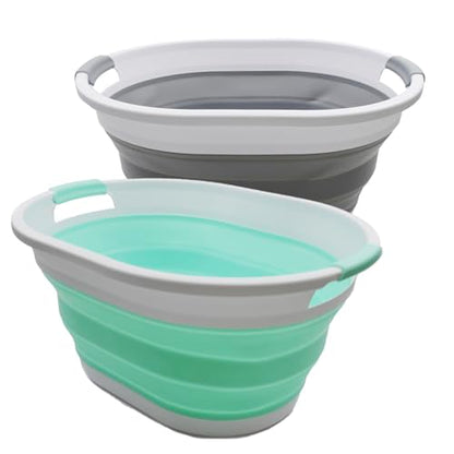 SAMMART 32L (8.4 Gallon) Collapsible Plastic Laundry Basket - Foldable Pop Up Storage Container/Organizer - Portable Washing Tub - Space Saving Hamper, Water Capacity: 24L (2, Grey+Light Green) - color: Grey+light Green