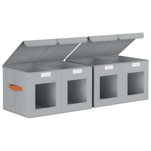 Large Closet Storage Bins - Collapsible Divided Clothes Organizer with Lids & Dual Window, Fabric Organizing Bins for Clothes, Sweater, Bedroom, Office (Grey, 2 Pack) - color: Grey, size: L(2-Pack)